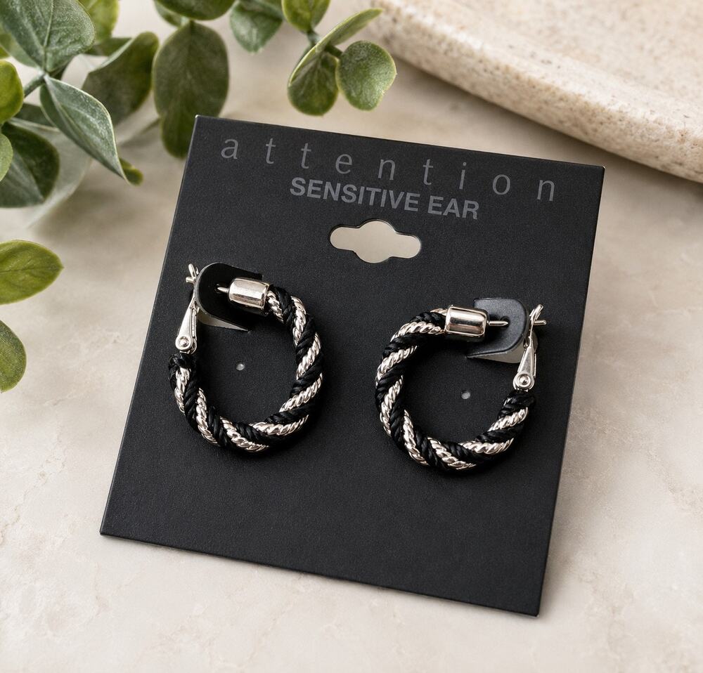 Attention Black Silver Twisted Rope Hoop Earrings Sensitive Ears NWT